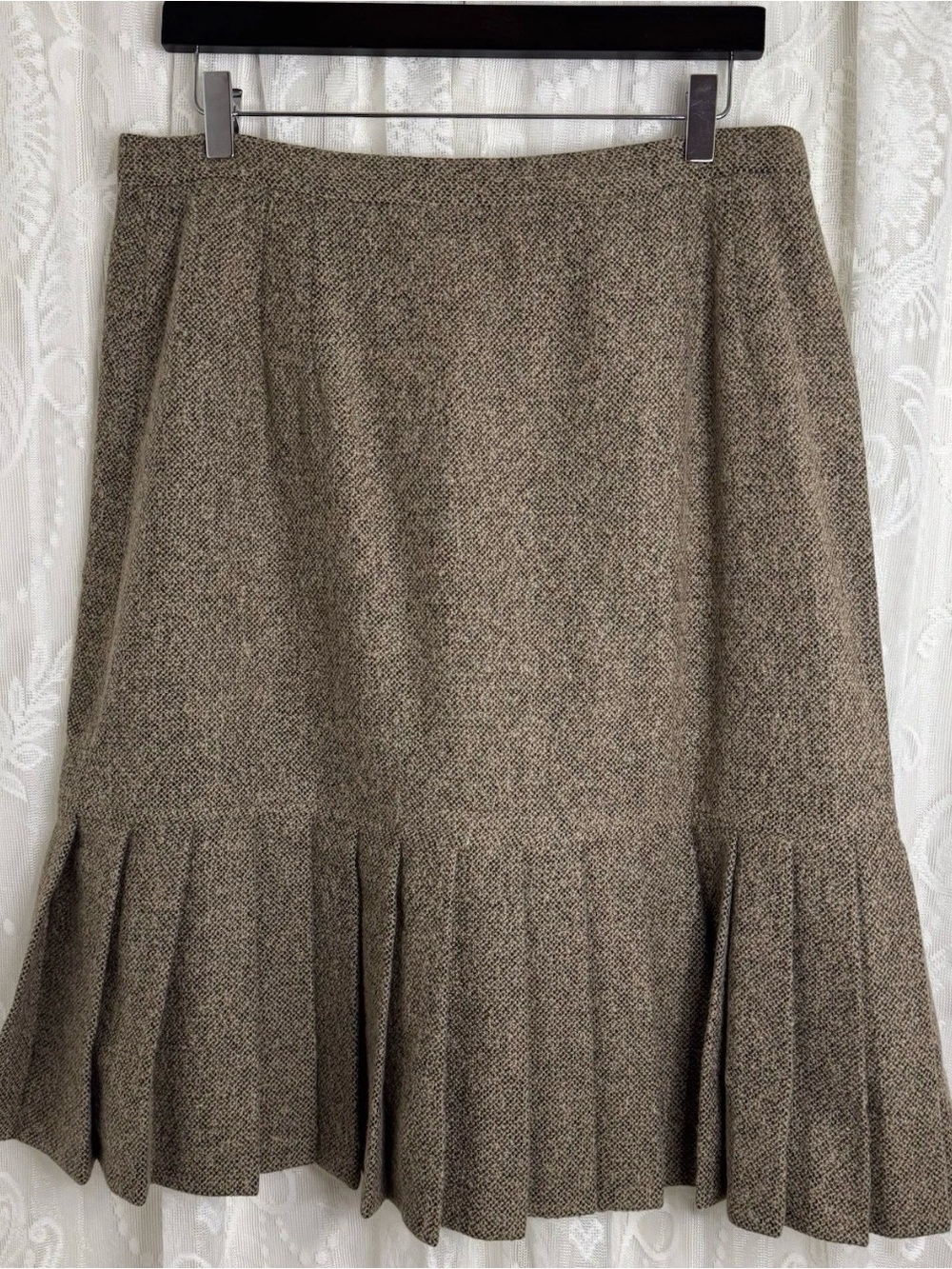 Vintage 90s Oscar de la Renta Tweed Skirt Brown Pleated Kick Flounce USA Size 14